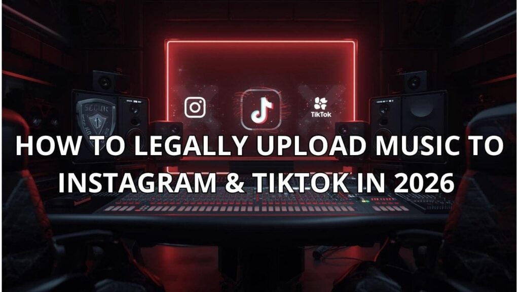 A high-end dark music production studio with a powerful neon red glow, featuring a central text overlay: 'How to Legally Upload Music to Instagram & TikTok in 2026' with icons of a secure shield, an Instagram logo, and a TikTok logo. This visualization by Anonymoustracks emphasizes safe music use and full ownership contracts